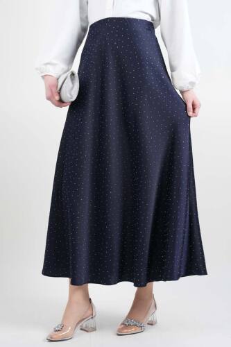 Bayan Çan Etek Ful Taş Detaylı Saten Etek Lacivert - 03Kız Kulesi Teks (1)