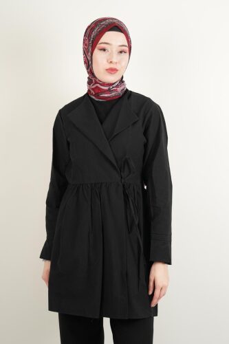 Bayan Ceket Gömlek Saten Pamuk Fırfırlı Ceket Gömlek Siyah 