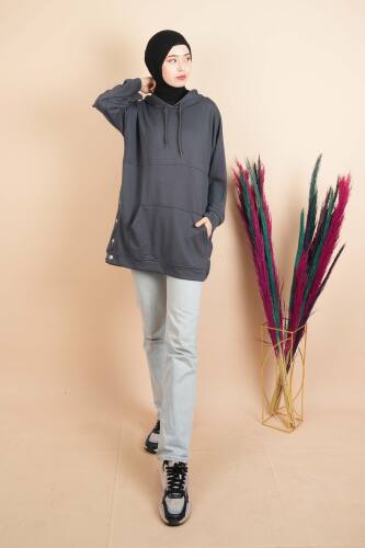 Bayan Çıtçıtlı Kanguru Cepli Sweat Uzun Sweat Gri - 2