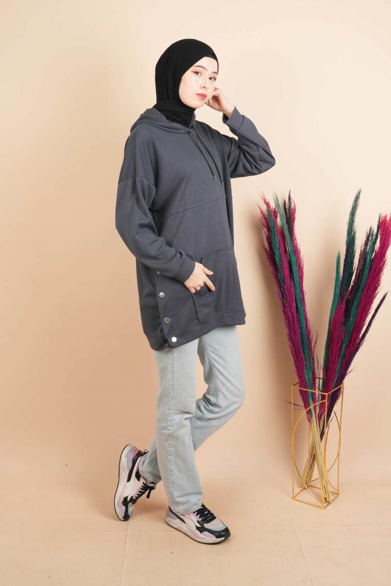 Bayan Çıtçıtlı Kanguru Cepli Sweat Uzun Sweat Gri - 3