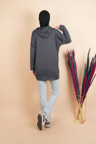Bayan Çıtçıtlı Kanguru Cepli Sweat Uzun Sweat Gri - 4