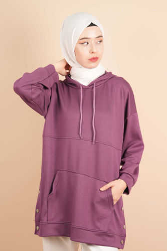 Bayan Çıtçıtlı Kanguru Cepli Sweat Uzun Sweat Mor - 1