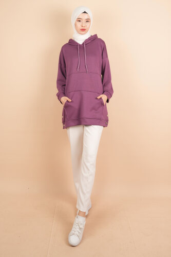 Bayan Çıtçıtlı Kanguru Cepli Sweat Uzun Sweat Mor - 2
