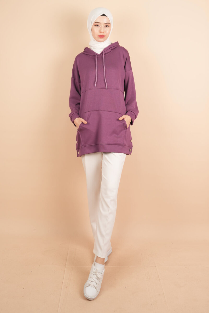 Bayan Çıtçıtlı Kanguru Cepli Sweat Uzun Sweat Mor - 2