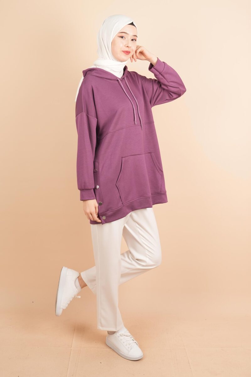 Bayan Çıtçıtlı Kanguru Cepli Sweat Uzun Sweat Mor - 3