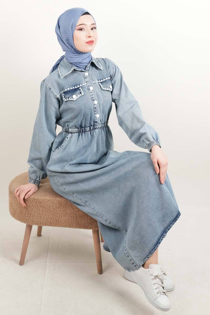Bayan Denim Elbise Biye Nakışlı Elbise Açık Mavi - 1