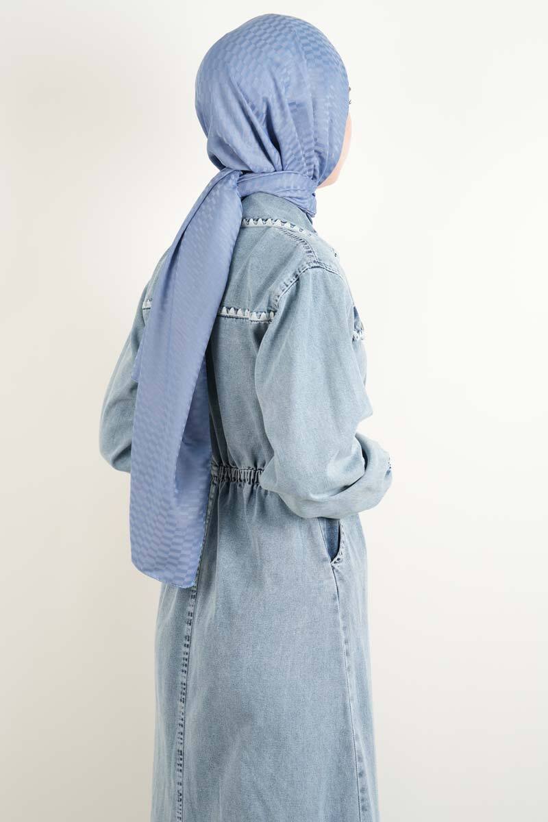 Bayan Denim Elbise Biye Nakışlı Elbise Açık Mavi - 3