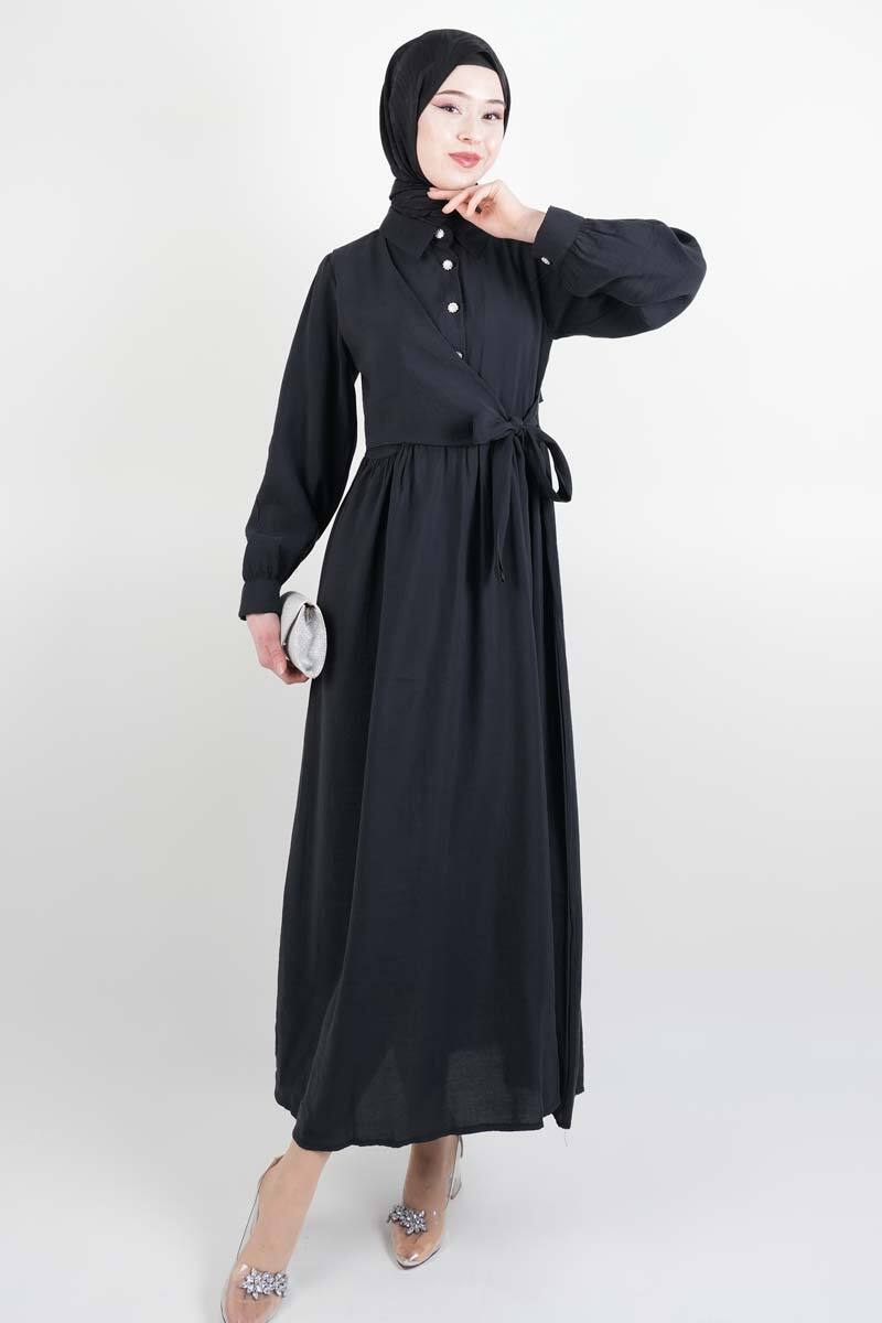 Bayan Elbise - Elmas Düğmeli Elbise Cupra Modal Elbise Siyah - 1