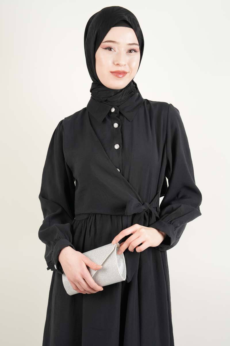 Bayan Elbise - Elmas Düğmeli Elbise Cupra Modal Elbise Siyah - 2