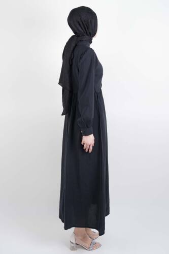 Bayan Elbise - Elmas Düğmeli Elbise Cupra Modal Elbise Siyah - 3