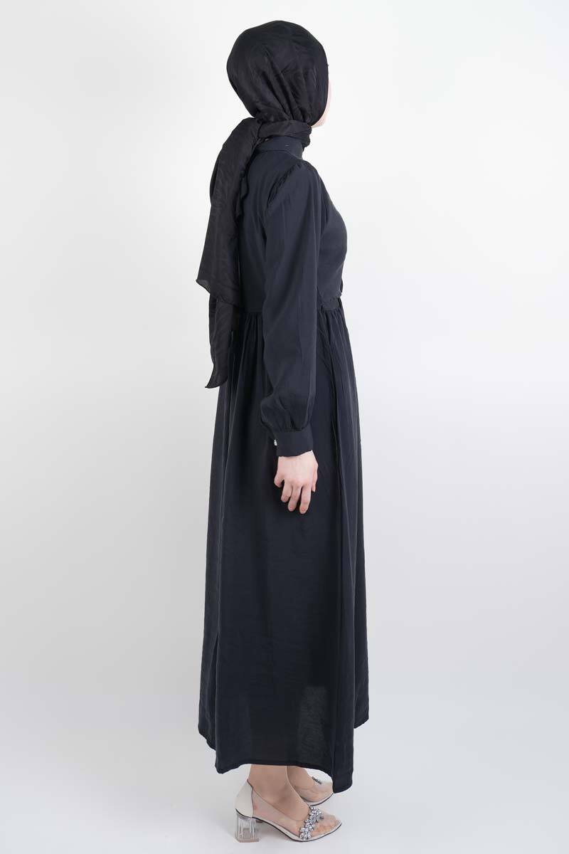 Bayan Elbise - Elmas Düğmeli Elbise Cupra Modal Elbise Siyah - 3