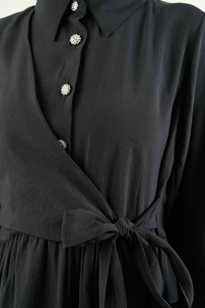 Bayan Elbise - Elmas Düğmeli Elbise Cupra Modal Elbise Siyah - 4