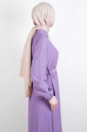 Bayan Elbise Modern Düğmeli Cepli Çilek Elbise Lila - 3