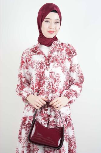 Bayan Elbise Orman Desen Elbise Bordo - 2