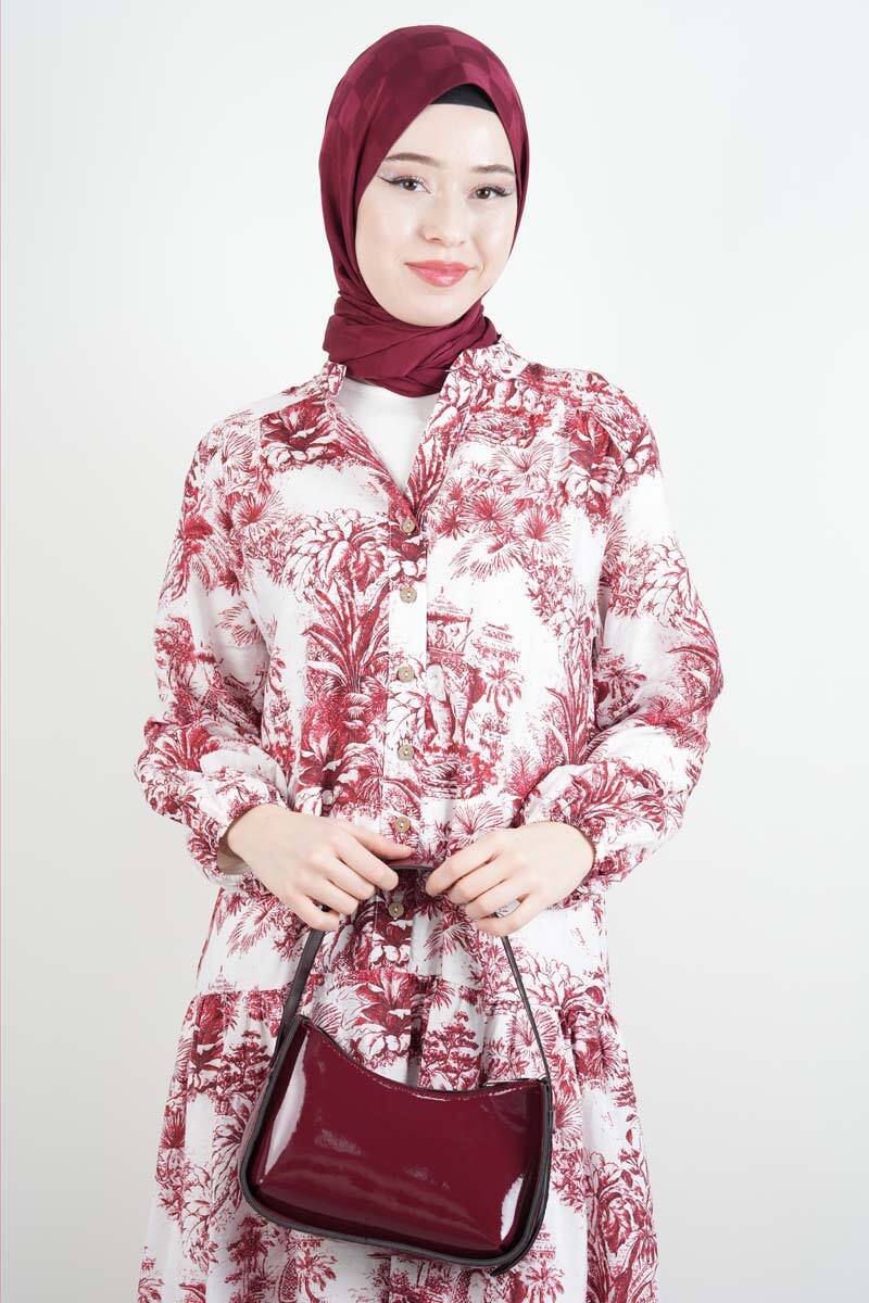 Bayan Elbise Orman Desen Elbise Bordo - 2