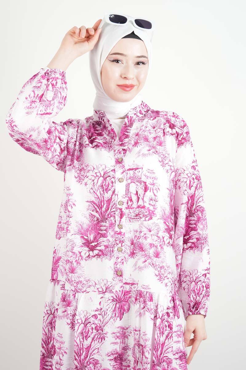 Bayan Elbise Orman Desen Elbise Pembe - 2