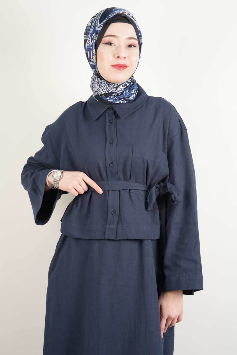 Bayan Gabardin Elbise Kısa Ceketli İnce Gabardin 2 li Takım Lacivert - 2