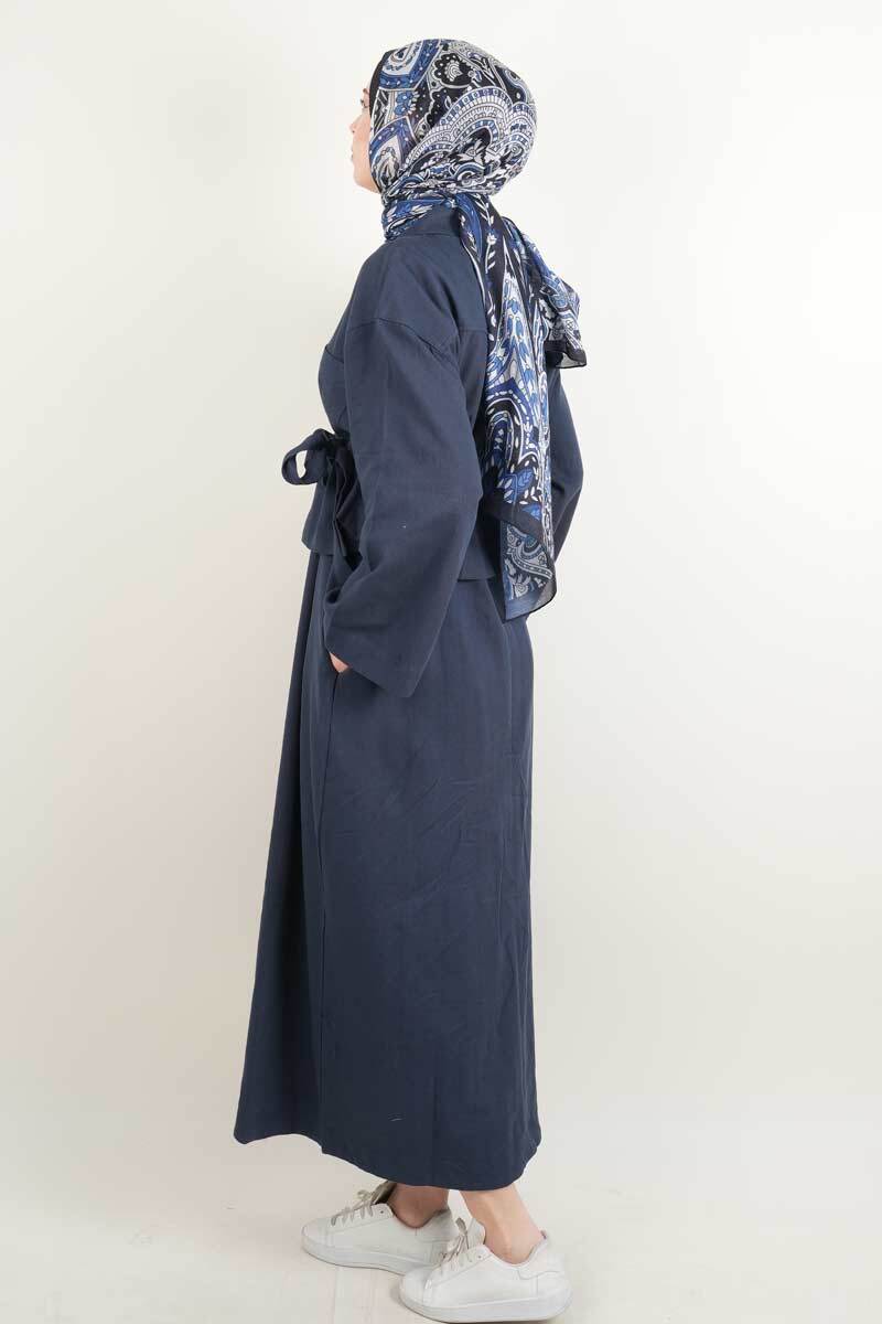 Bayan Gabardin Elbise Kısa Ceketli İnce Gabardin 2 li Takım Lacivert - 3