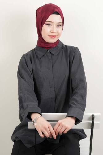 Bayan Gömlek Arka Düğme Detaylı Ön Gizli Düğme Gömlek Antrasit 