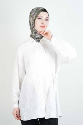 Bayan Gömlek Çapraz Düğmeli Yandan Bağlamalı Kimono Gömlek Beyaz - 1