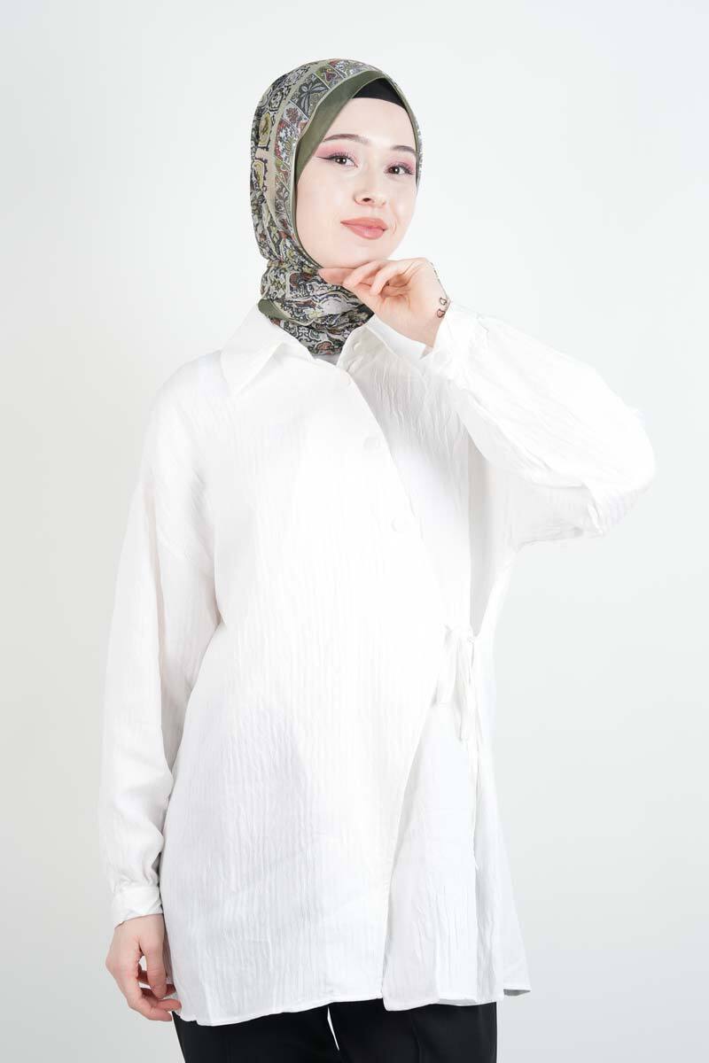 Bayan Gömlek Çapraz Düğmeli Yandan Bağlamalı Kimono Gömlek Beyaz - 1