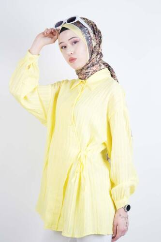 Bayan Gömlek Çapraz Düğmeli Yandan Bağlamalı Kimono Gömlek Sarı 
