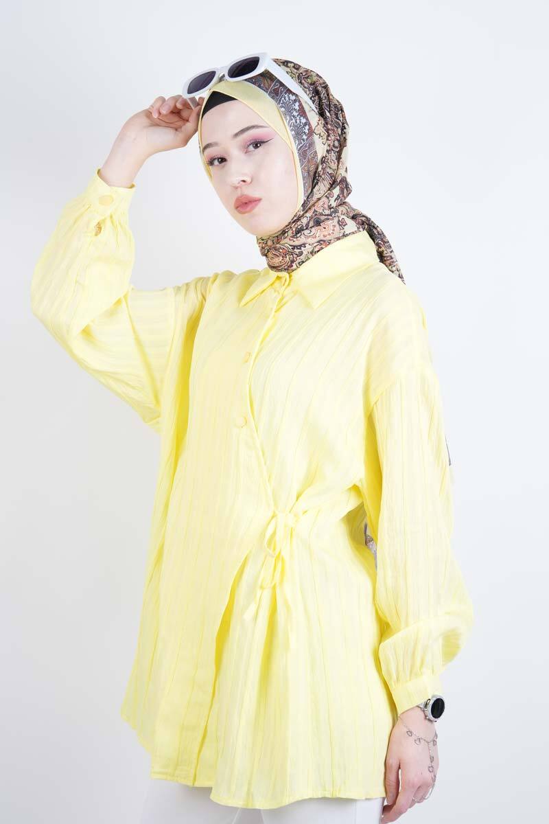 Bayan Gömlek Çapraz Düğmeli Yandan Bağlamalı Kimono Gömlek Sarı - 1