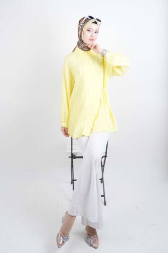 Bayan Gömlek Çapraz Düğmeli Yandan Bağlamalı Kimono Gömlek Sarı - 2
