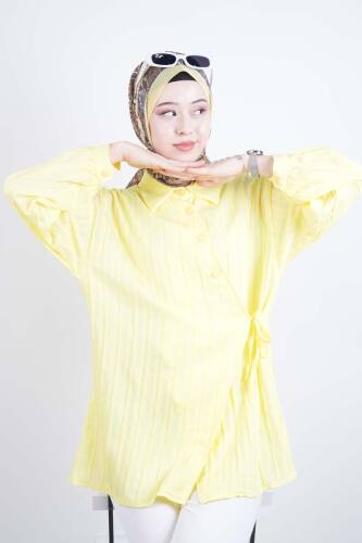 Bayan Gömlek Çapraz Düğmeli Yandan Bağlamalı Kimono Gömlek Sarı - 3