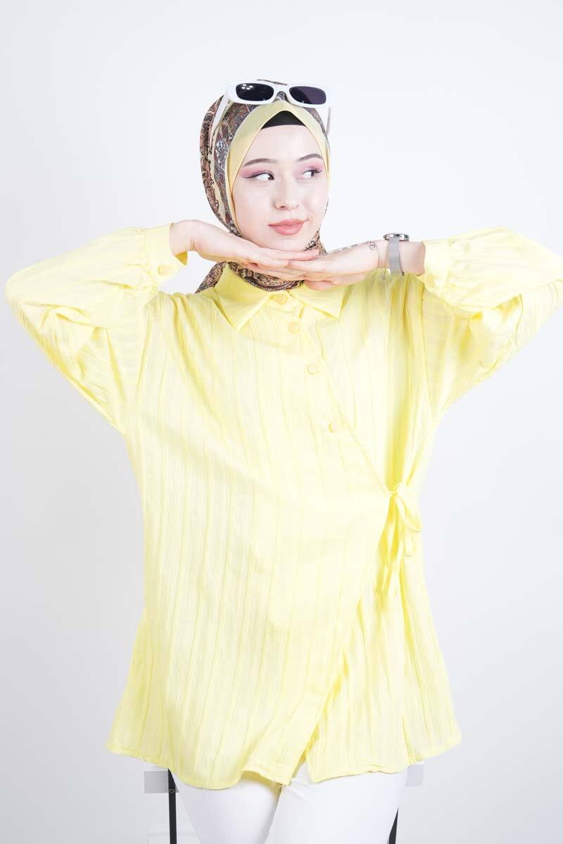 Bayan Gömlek Çapraz Düğmeli Yandan Bağlamalı Kimono Gömlek Sarı - 3