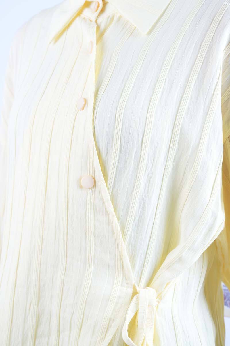 Bayan Gömlek Çapraz Düğmeli Yandan Bağlamalı Kimono Gömlek Sarı - 5