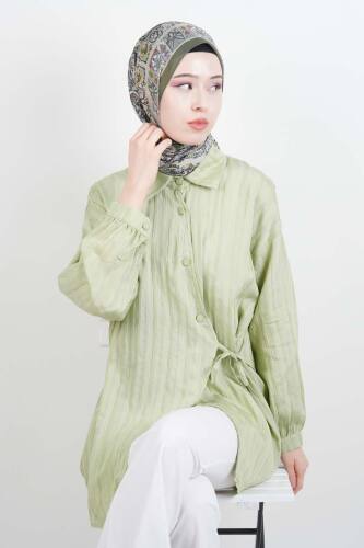 Bayan Gömlek Çapraz Düğmeli Yandan Bağlamalı Kimono Gömlek Yeşil 
