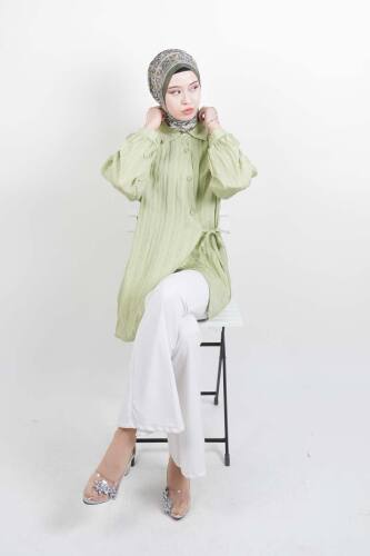 Bayan Gömlek Çapraz Düğmeli Yandan Bağlamalı Kimono Gömlek Yeşil - 2