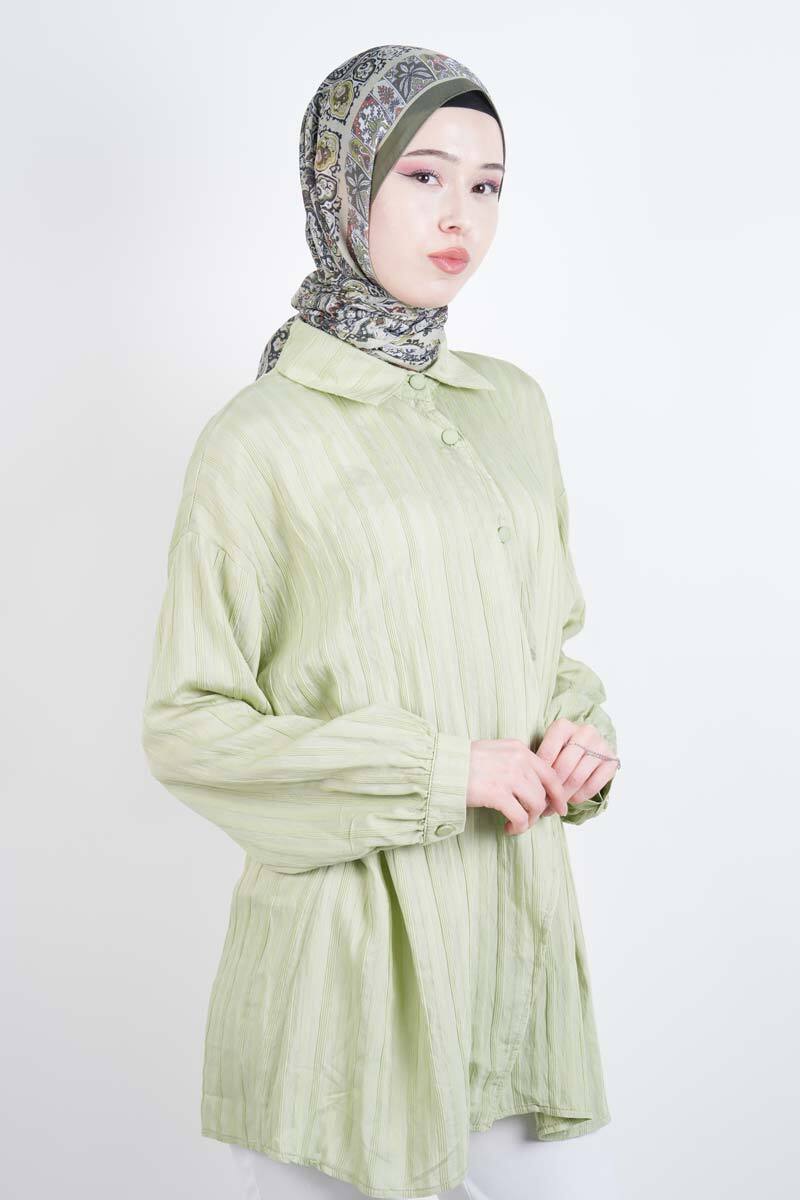 Bayan Gömlek Çapraz Düğmeli Yandan Bağlamalı Kimono Gömlek Yeşil - 3
