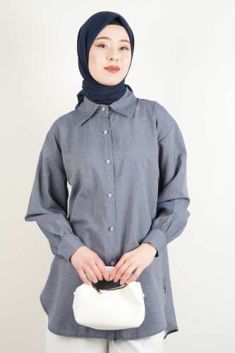 Bayan Gömlek - Düğme Taş Detaylı Rahat Gömlek Koyu Mavi - 1