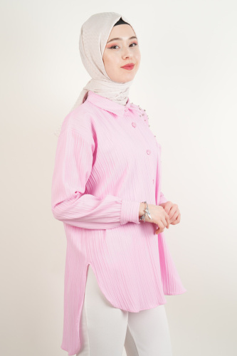 Bayan Gömlek - Omuz Taş Detaylı Arka Uzun Gömlek Açık Pembe - 3