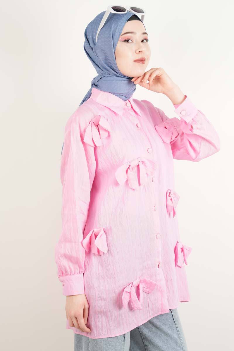 Bayan Gömlek - Ön Fiyonk Detaylı Gömlek Pembe - 3