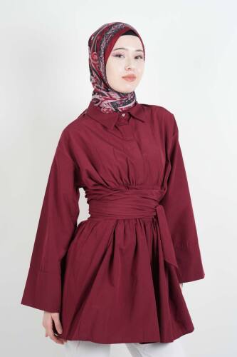 Bayan Gömlek Yarım Düğmeli Bel Dolamalı Trikoton Gömlek Bordo 