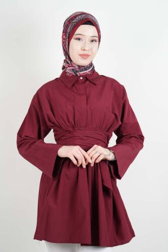 Bayan Gömlek Yarım Düğmeli Bel Dolamalı Trikoton Gömlek Bordo - 3