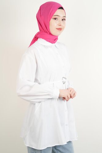 Bayan Gömlek Bel Bağlamalı Yeni Sezon Alt Geniş Gömlek Beyaz - 3