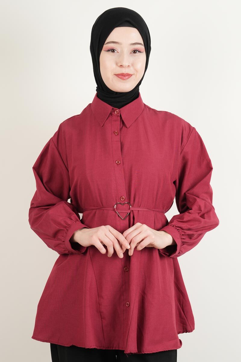 Bayan Gömlek Bel Bağlamalı Yeni Sezon Alt Geniş Gömlek Bordo - 1