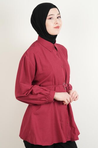 Bayan Gömlek Bel Bağlamalı Yeni Sezon Alt Geniş Gömlek Bordo - 3