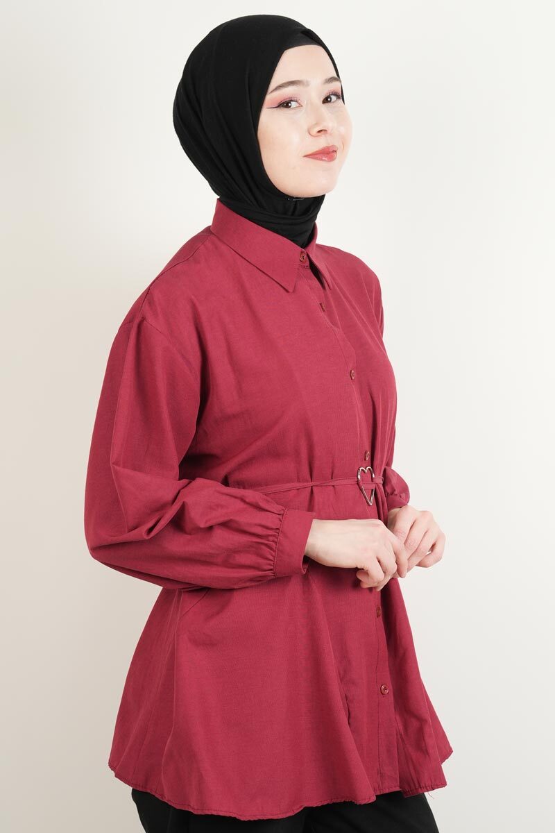 Bayan Gömlek Bel Bağlamalı Yeni Sezon Alt Geniş Gömlek Bordo - 3