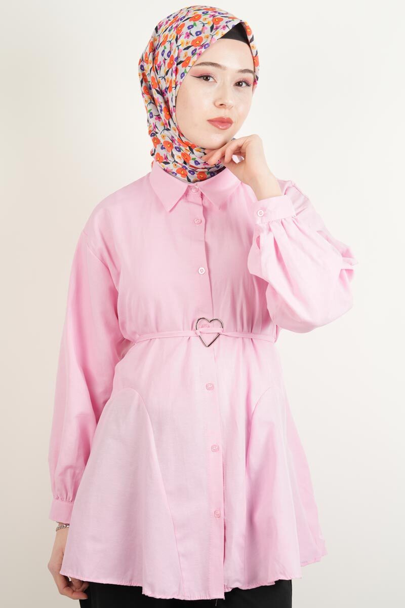 Bayan Gömlek Bel Bağlamalı Yeni Sezon Alt Geniş Gömlek Pembe - 1