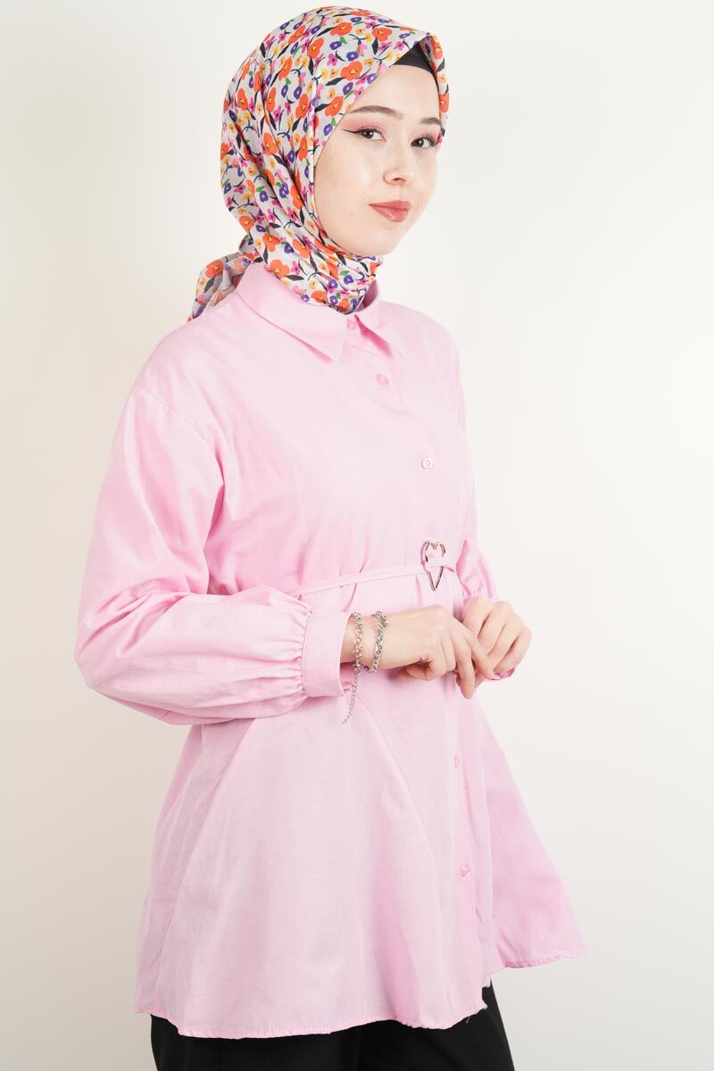 Bayan Gömlek Bel Bağlamalı Yeni Sezon Alt Geniş Gömlek Pembe - 3