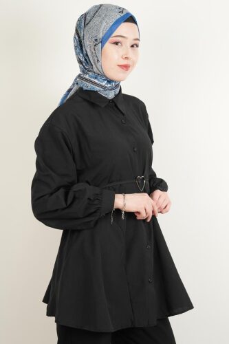 Bayan Gömlek Bel Bağlamalı Yeni Sezon Alt Geniş Gömlek Siyah - 3