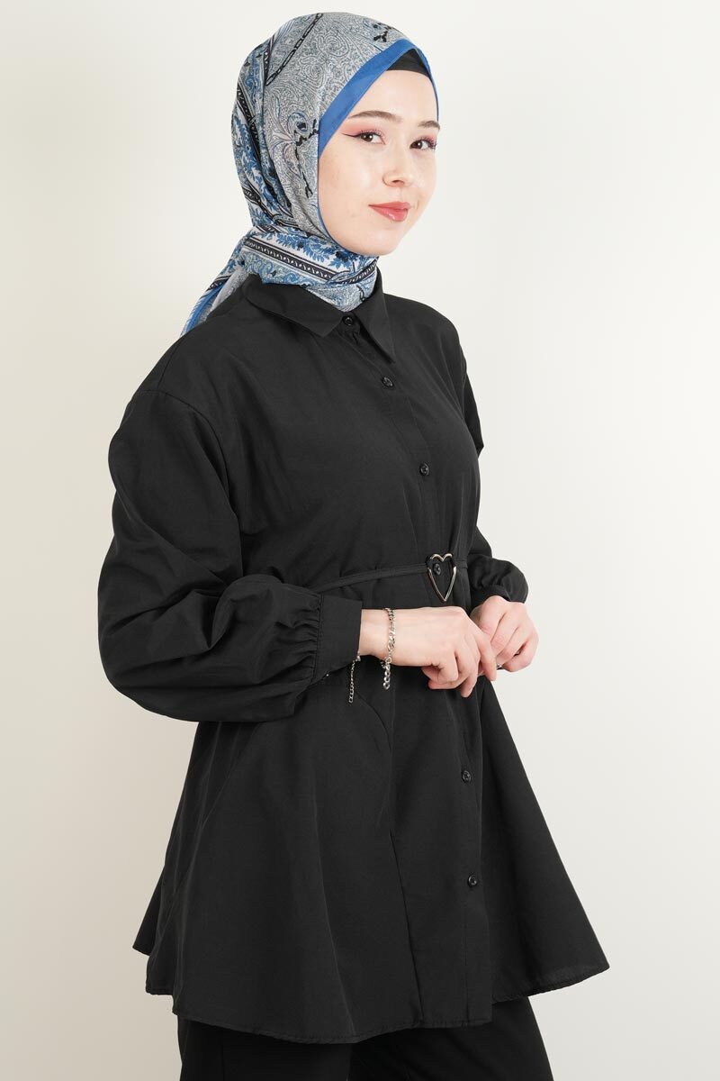 Bayan Gömlek Bel Bağlamalı Yeni Sezon Alt Geniş Gömlek Siyah - 3