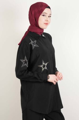 Bayan Gömlek Yıldız Taş İşlemeli Rahat Gömlek Siyah - 3