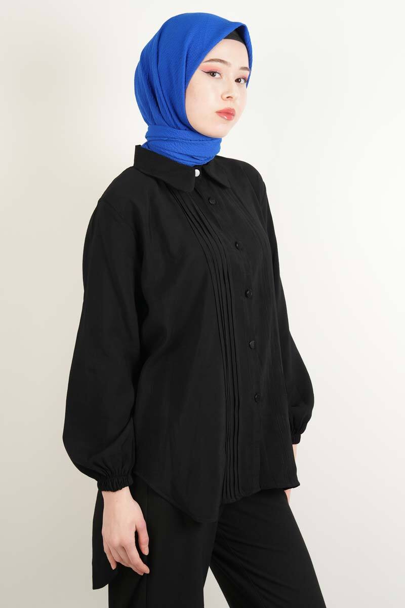 Bayan Gömlek Yuvarlak Yaka Ön Çizgili Gömlek Siyah - 1