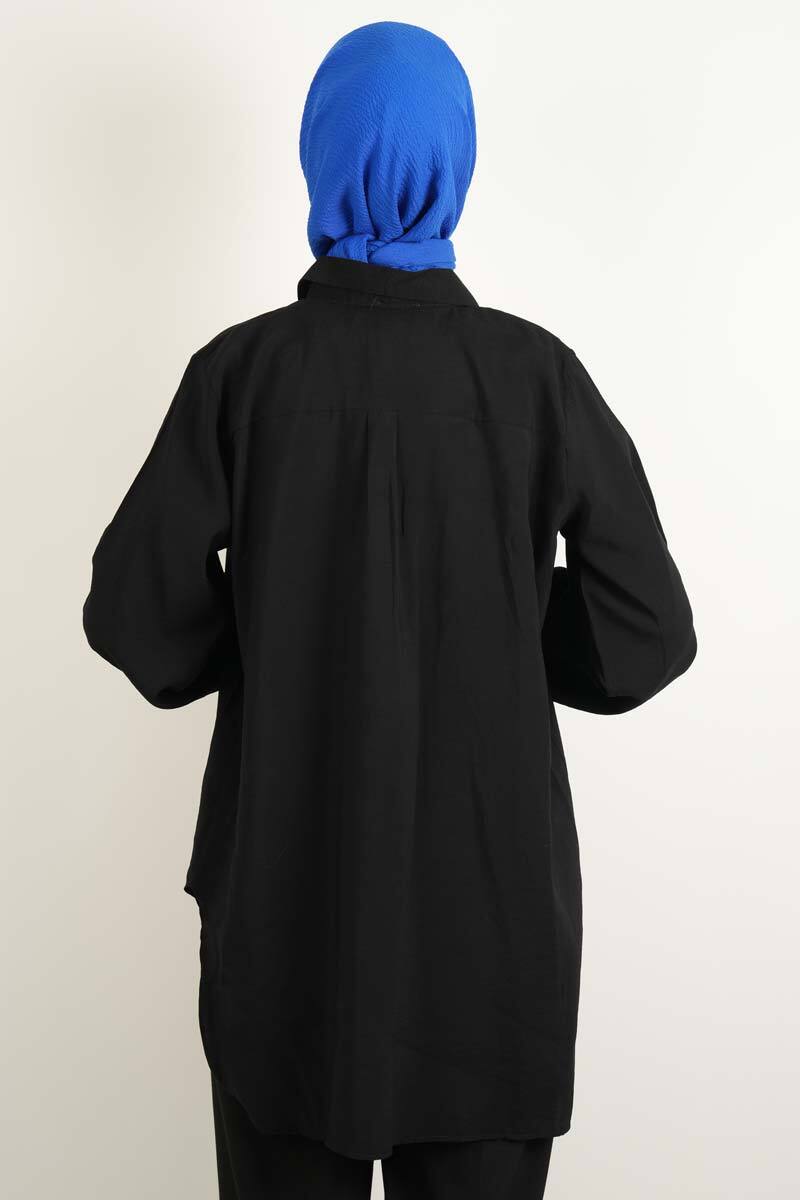 Bayan Gömlek Yuvarlak Yaka Ön Çizgili Gömlek Siyah - 4